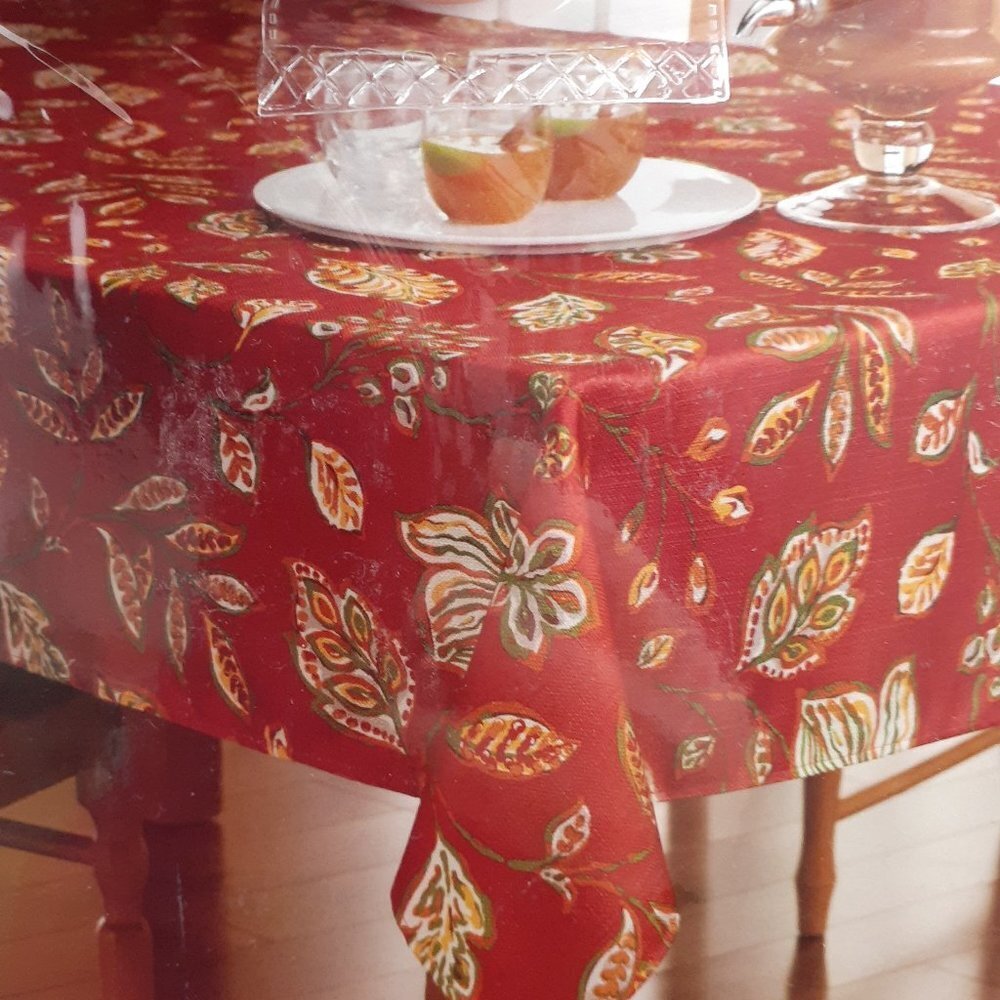 Fabric Tablecloth Fall Leaves Brick Green Yellow 60x102